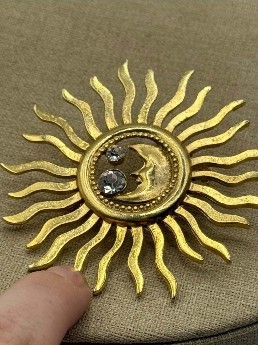 Gold Sunburst Moon Brooch with Crystal Accents